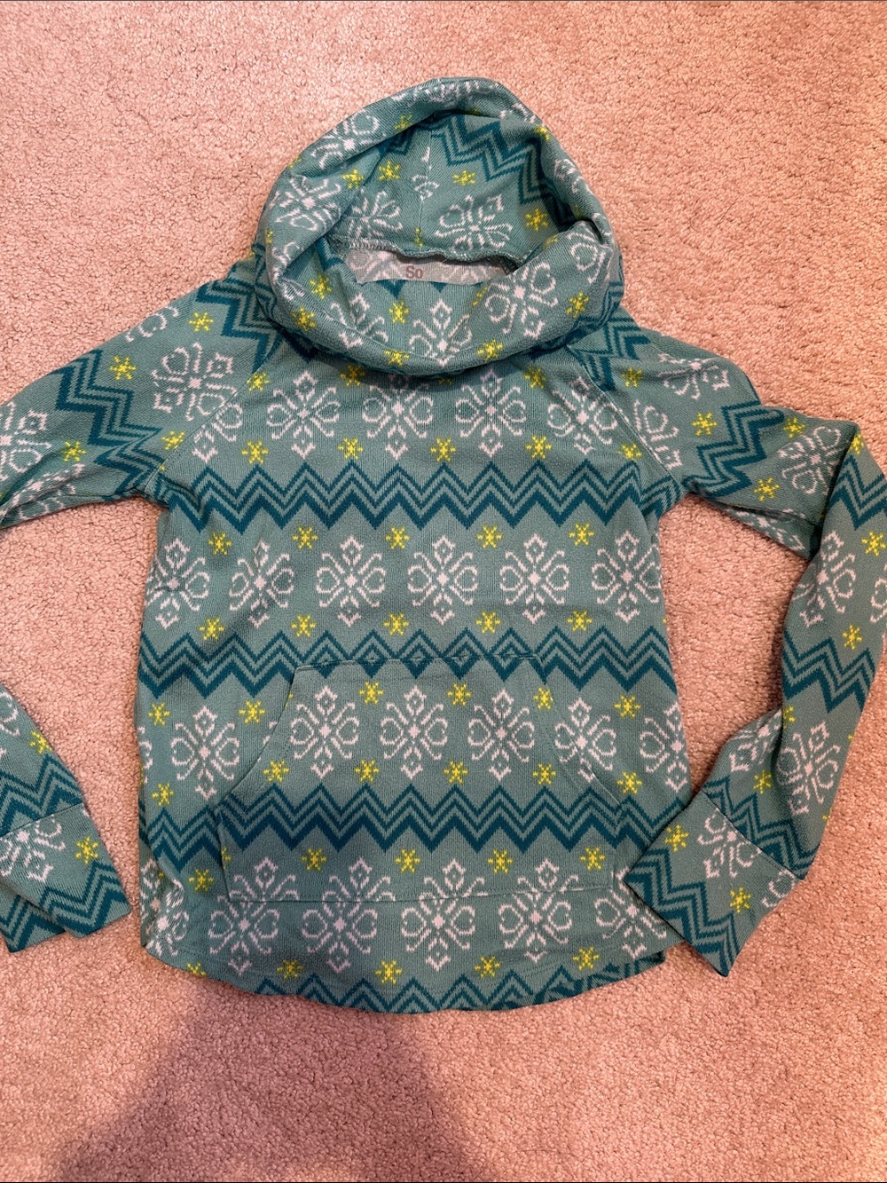 Cozy Teal Fair Isle Cowl-Neck Sweater (med, 8)